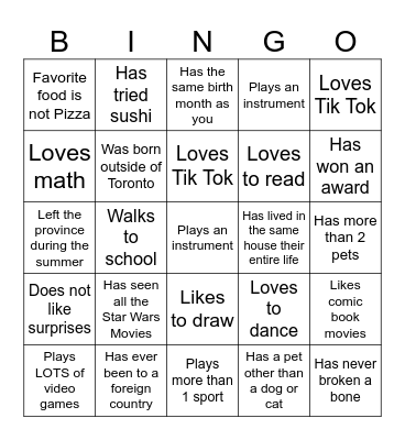 Middle School Bingo Card