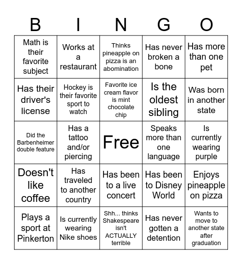 Mr. Cook's Class Bingo Card