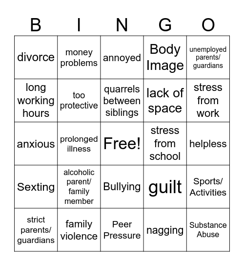 Teen Issues Bingo Card