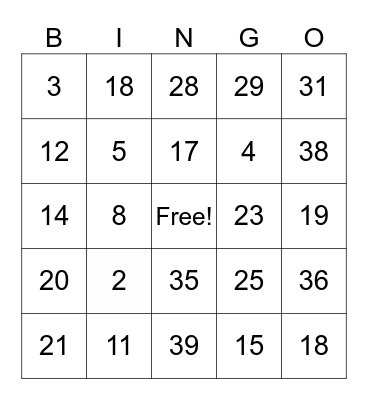 Number Bingo Card