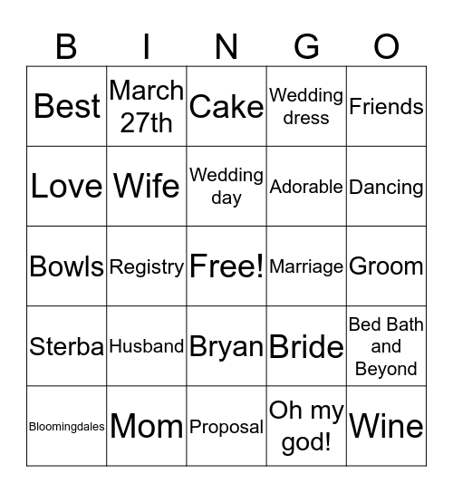 Leah's Bridal Shower!!! Bingo Card