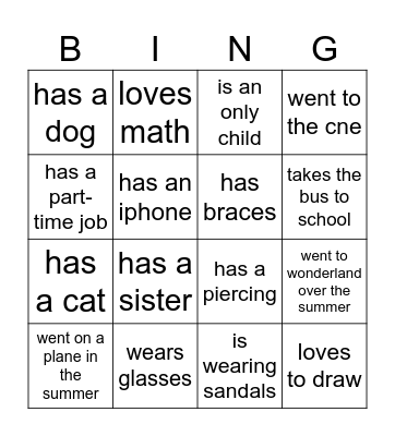 Getting to know you Bingo Card