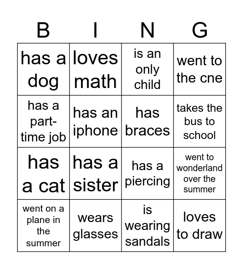 Getting to know you Bingo Card