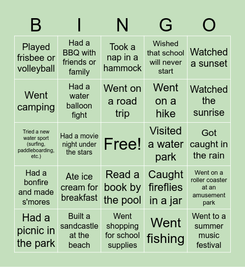 Back to school Bingo Card