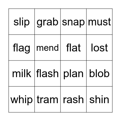 CCVC and CVCC Word Bingo Card