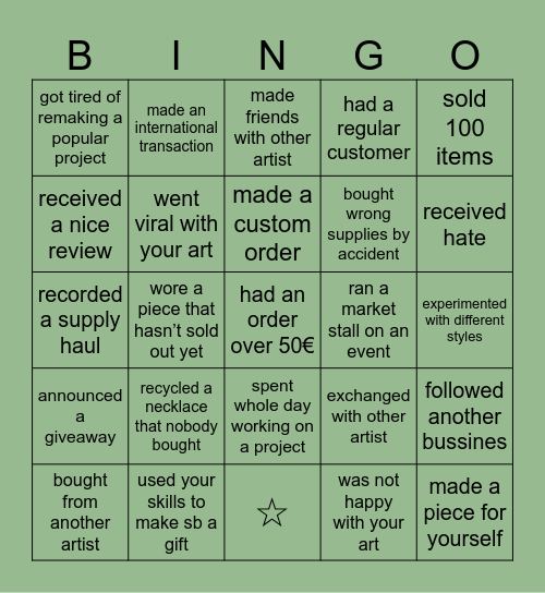 small bussiness owner bingo Card