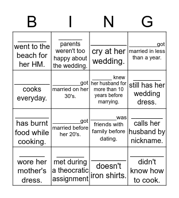 Wedding Bingo Card