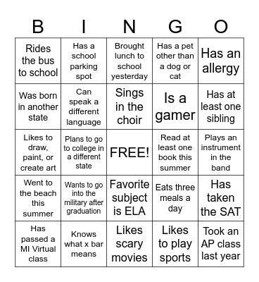 First Day of School Bingo Card