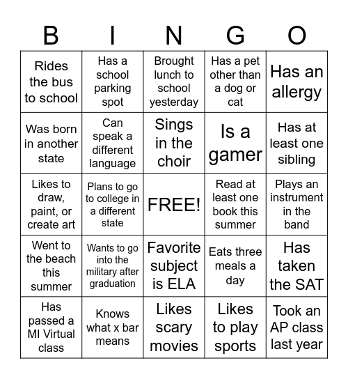 First Day of School Bingo Card