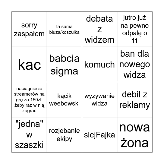 Menel Bingo Card