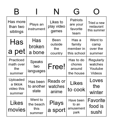 First Day of School Bingo Card