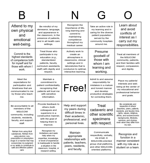 MSU COM Professionalism BINGO! Bingo Card