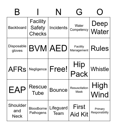 FACILITY SAFETY BINGO Card