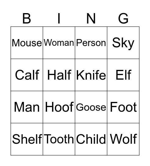 Irregular Noun Plurals Bingo Card