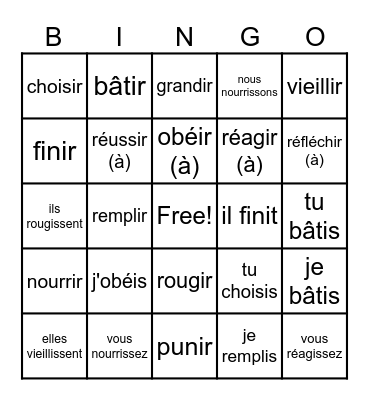 -IR verbs Bingo Card