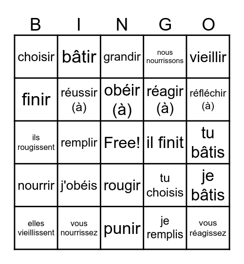 -IR verbs Bingo Card