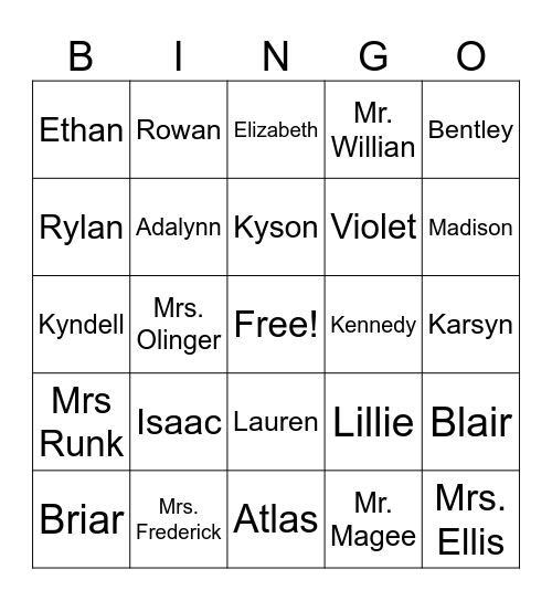 Mrs. Olinger's 2nd Grade Class Bingo Card