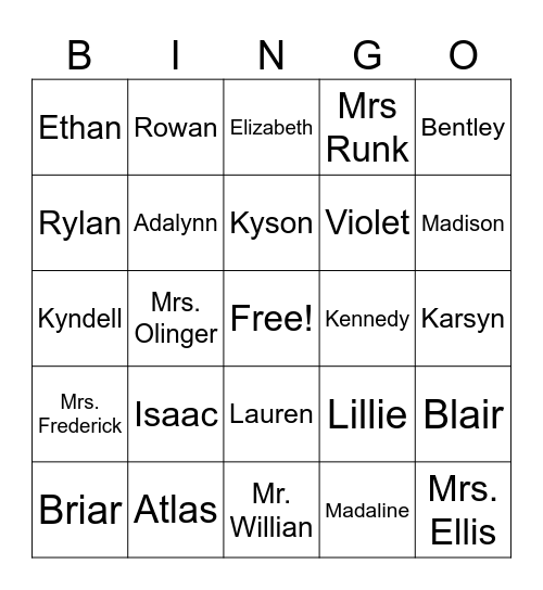 Mrs. Olinger's 2nd Grade Class Bingo Card