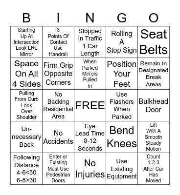 Safety Challenge Bingo Card