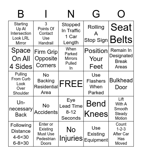 Safety Challenge Bingo Card