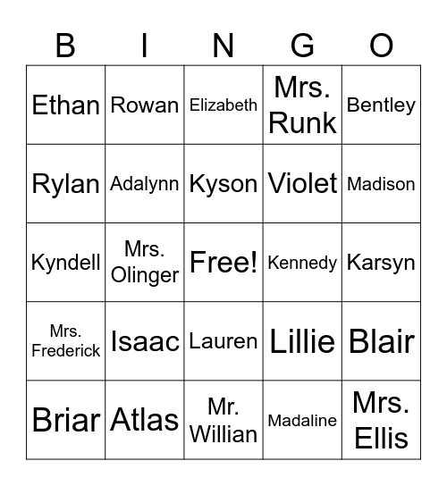 Mrs. Olinger's 2nd Grade Class Bingo Card