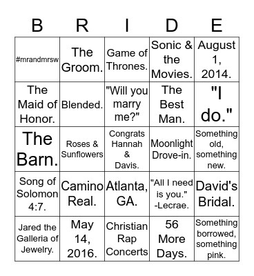 Bridal Shower Bingo  Bingo Card