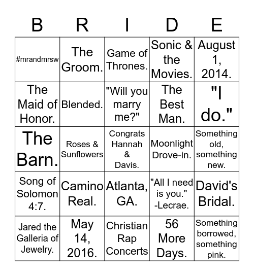 Bridal Shower Bingo  Bingo Card