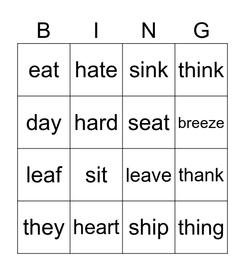 English sounds bingo Card
