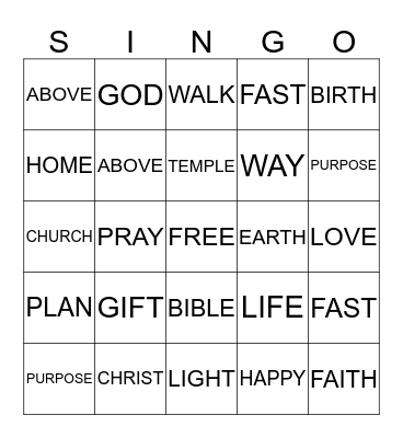 I Will Follow God's Plan Bingo Card