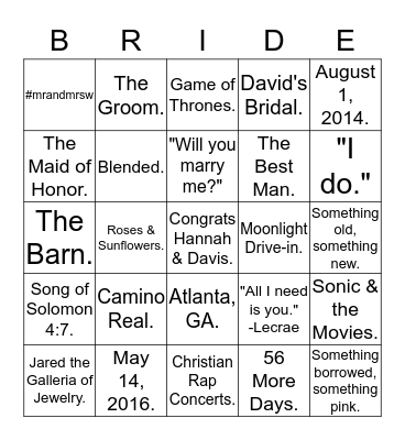 Bridal Shower Bingo  Bingo Card