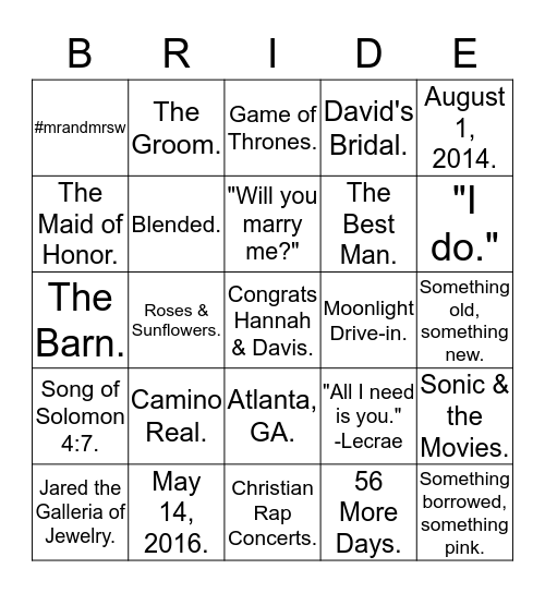 Bridal Shower Bingo Bingo Card