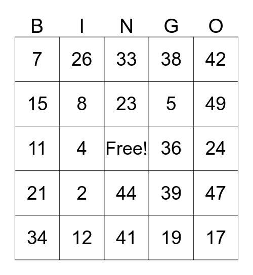 Numbers Bingo Card