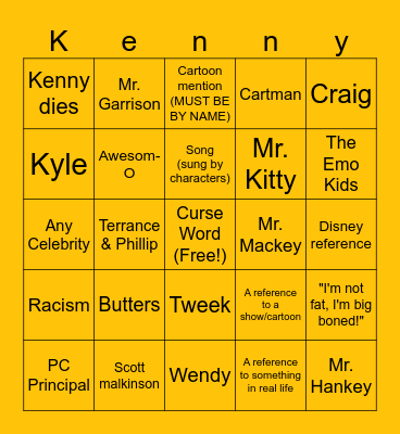 South Park Bingo Card