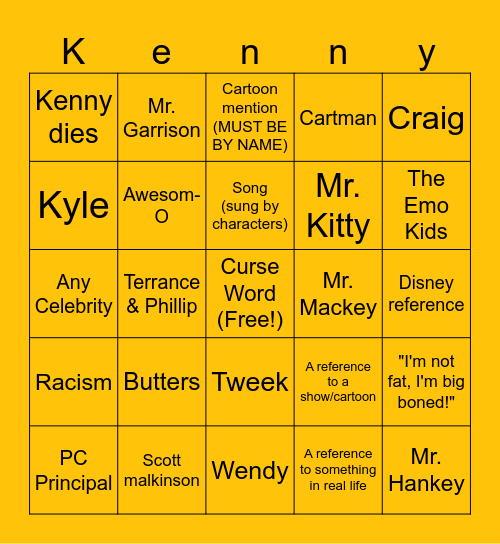 South Park Bingo Card