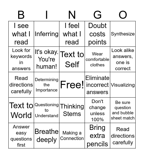 TEST TAKING BINGO Card