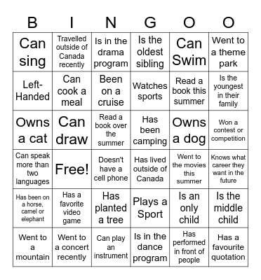 First-Day Fun Bingo Card