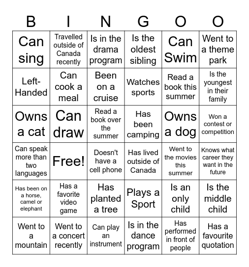 First-Day Fun Bingo Card