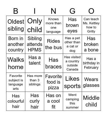 Classmate Bingo Card