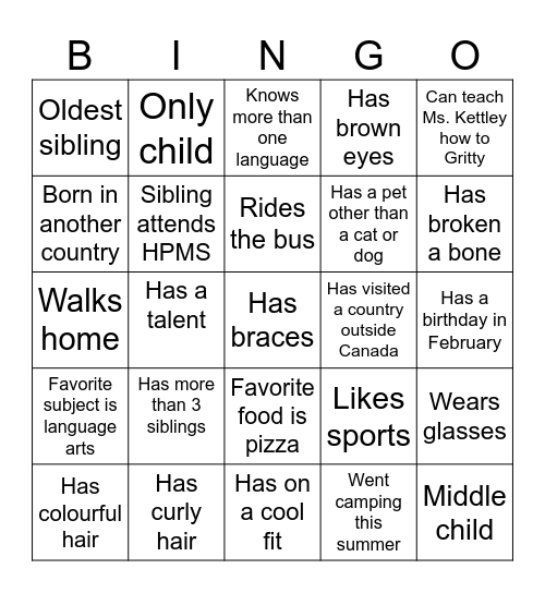 Classmate Bingo Card