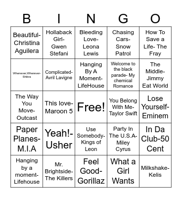 2000's Pop Hits Bingo Card