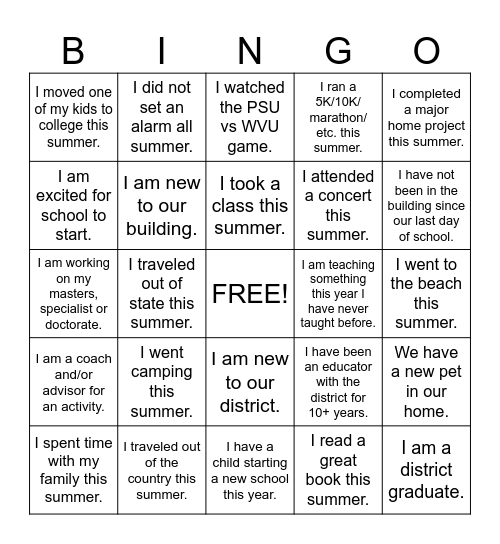 Staff Back to School Bingo Card