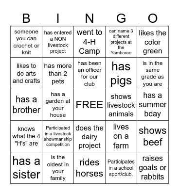 4-H/ Get to know you Bingo Card