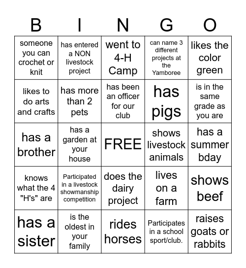 4-H/ Get to know you Bingo Card