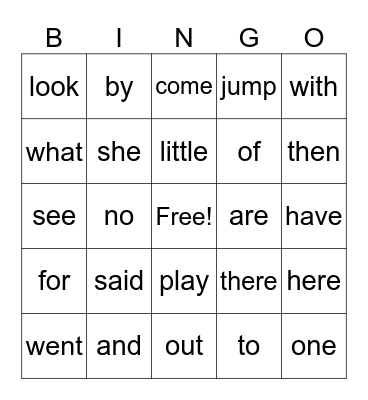 Sight Words Bingo Card