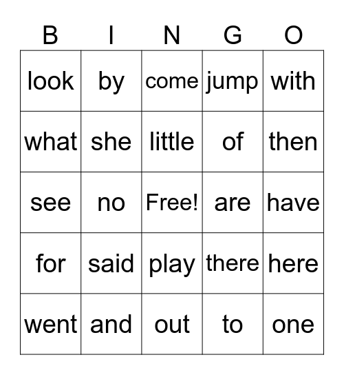 Sight Words Bingo Card