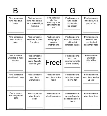 Find a Friend Bingo Card