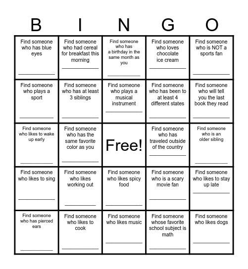 Find a Friend Bingo Card