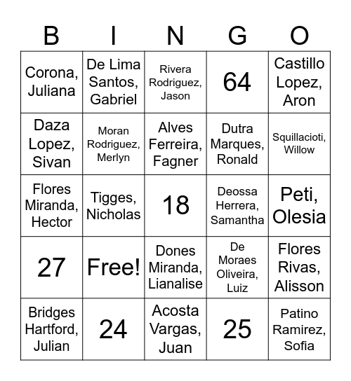 E (3,4) Bingo Card