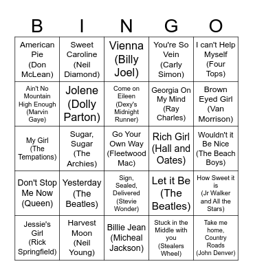 Oldies Hits Music Bingo! Bingo Card