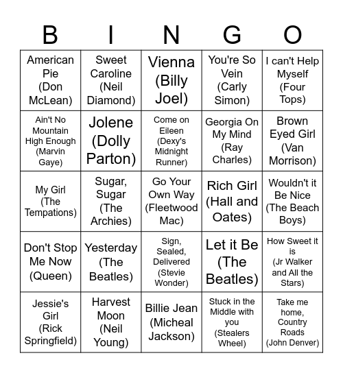 Oldies Hits Music Bingo! Bingo Card
